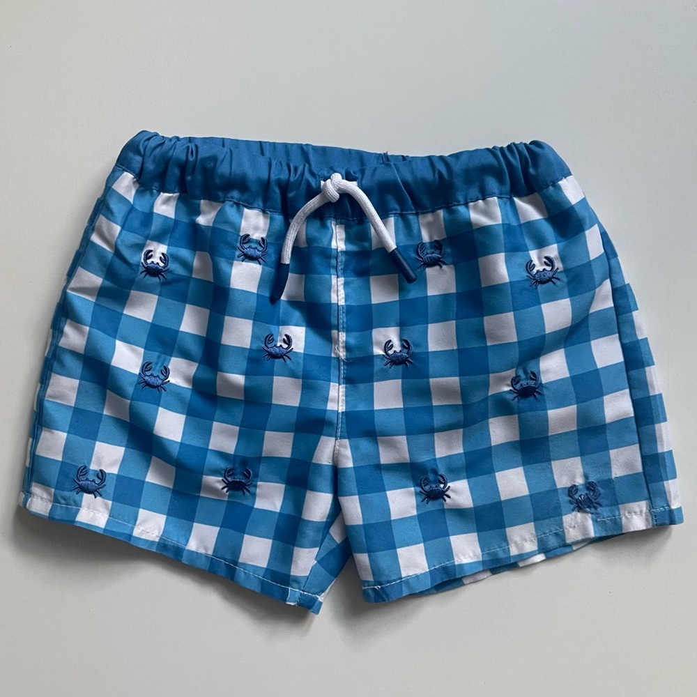 Jacadi Boys Blue & White Gingham Crab Embroidered Swim Trunks - 18M